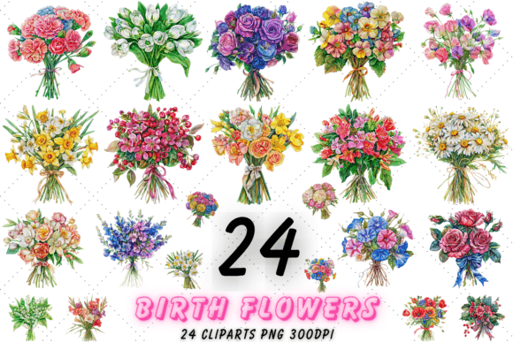 Watercolor Birth Month Flower Clipart Gráfico Ilustraciones Imprimibles Por Florid Printables