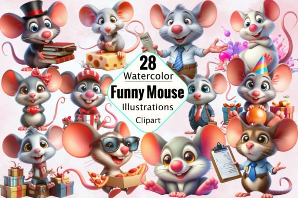 Watercolor Funny Mouse Clipart Bundle Gráfico Ilustrações para Impressão Por SVGArt