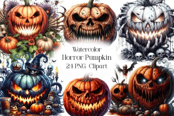 Watercolor Horror Pumpkin Clipart Grafik Druckbare Illustrationen Von CraftArtStudio
