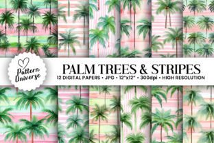 Watercolor Palm Trees & Stripes Patterns Grafika Papierowe Wzory Przez Pattern Universe 1