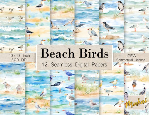 Beach Birds Seamless Patterns Gráfico Patrones de Papel Por Makai Digital Studios
