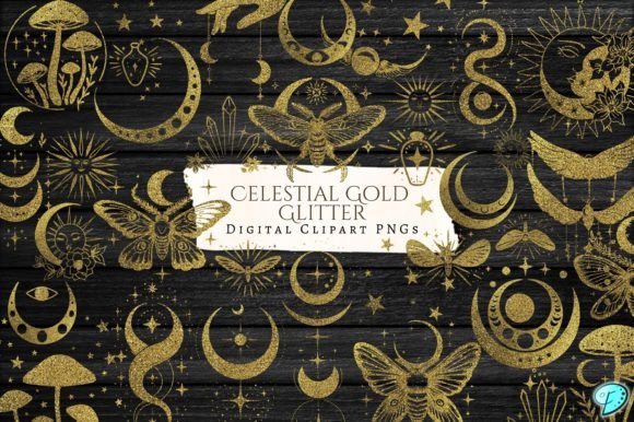 Celestial Gold Glitter Clipart PNG Pack Graphic Illustrations By Emily Designs