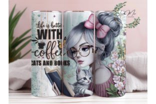 Life is Better with Coffee Cats and Book Illustration Tumbler Wraps Par lauriemar67cx 1