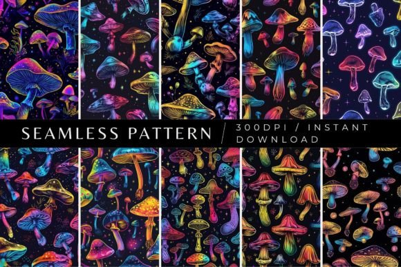 Neon Rainbow Mushrooms Patterns Grafika Papierowe Wzory Przez Inknfolly