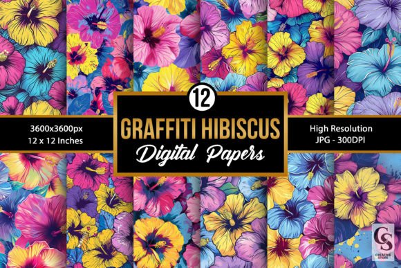 Summer Graffiti Hibiscus Digital Papers Gráfico Padrões de Papel Por Creative Store