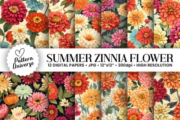Summer Zinnia Flowers Digital Papers Graphic Patterns By Pattern Universe