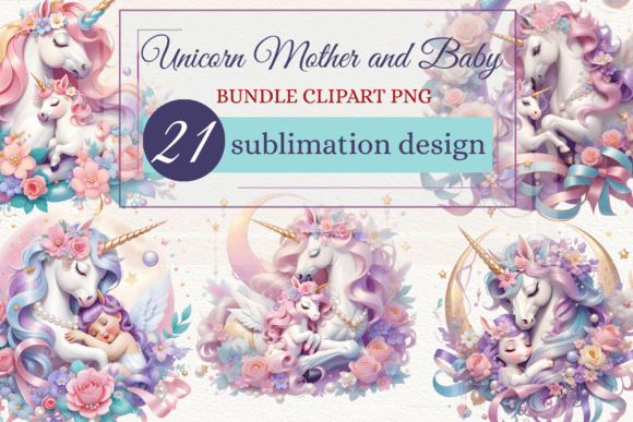 Unicorn Mother and Baby Clipart Bundle Graphic Illustrations By Fantasy Island