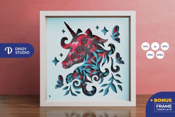 Unicorn with Flowers and Butterfly 3D Graphic 3D Shadow Box By Drizy Studio