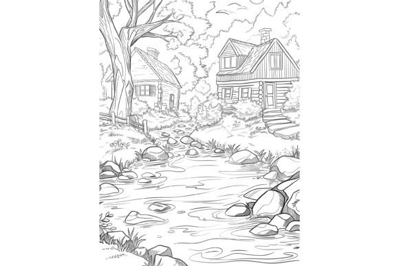 Village River Scene Adults Coloring Page Gráfico Páginas y libros de colorear para adultos Por Forhadx5