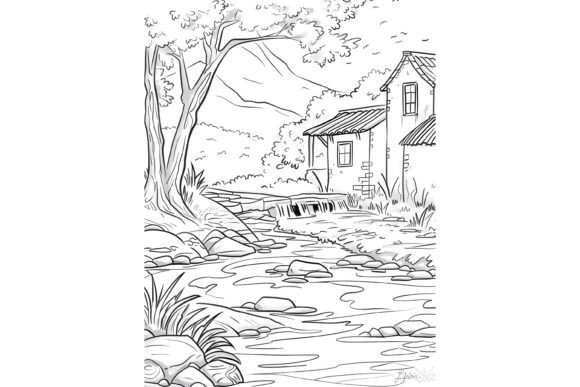 Village River Scene Adults Coloring Page Gráfico Páginas y libros de colorear para adultos Por Forhadx5