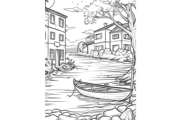 Village River Scene Adults Coloring Page Grafik Ausmalseiten & Malbücher für Erwachsene Von Forhadx5