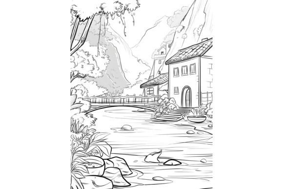 Village River Scene Adults Coloring Page Illustration Pages et livres de coloriage pour adultes Par Forhadx5