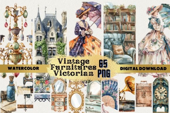 Vintage Furnitures Victorian Watercolor Graphic AI Generated By DenizDesign