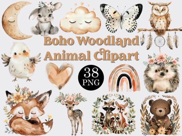 Watercolor Boho Woodland Animals Clipart Gráfico Ilustraciones Imprimibles Por beyouenked
