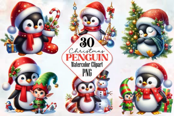 Watercolor Christmas Penguin Bundle Png Graphic Illustrations By RobertsArt