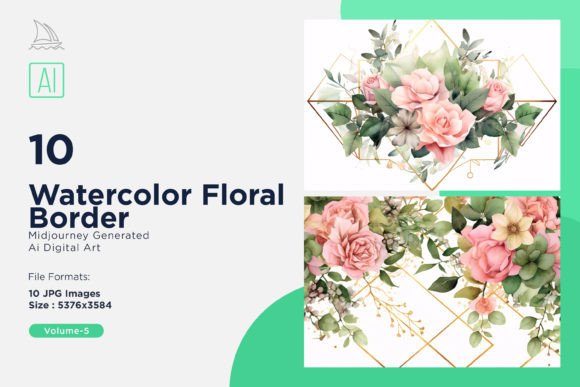 Watercolor Floral Border 10 Set V-5 Graphic AI Illustrations By shahsoft