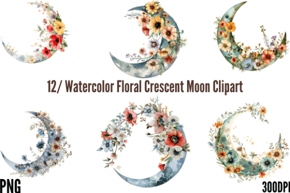 Watercolor Floral Crescent Moon Clipart Grafica Illustrazioni Stampabili Di Creative Flow