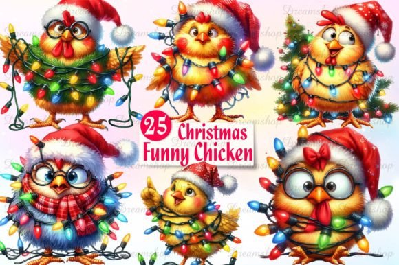 Cute Christmas Funny Chicken Clipart Grafik Druckbare Illustrationen Von Dreamshop