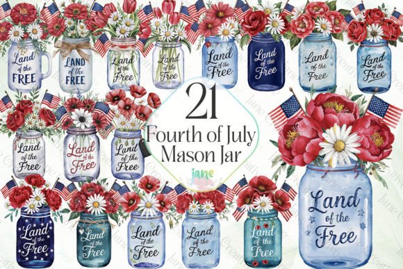Fourth of July Mason Jar Subllimation Graphic Illustrations By JaneCreative
