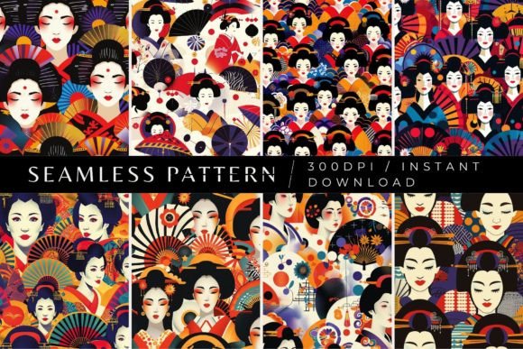Japanese Geishas Seamless Patterns Gráfico Patrones de Papel Por Inknfolly