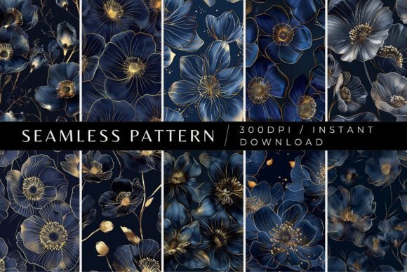 Navy Gold Floral Seamless Patterns Graphic Patterns By Inknfolly