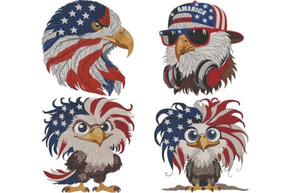 Set of 4 American Patriotic Eagle Flag Independence Day Embroidery Design By EmbroideryChicDesign