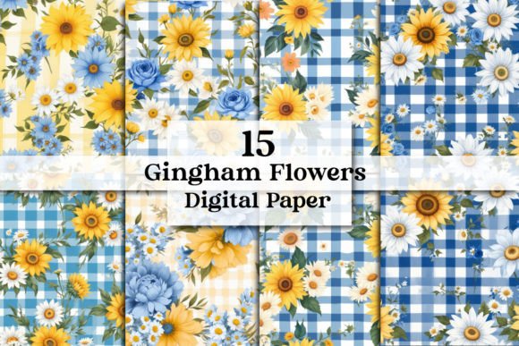 Summer Gingham Flowers Digital Papers Grafika Tła Przez Ak Artwork