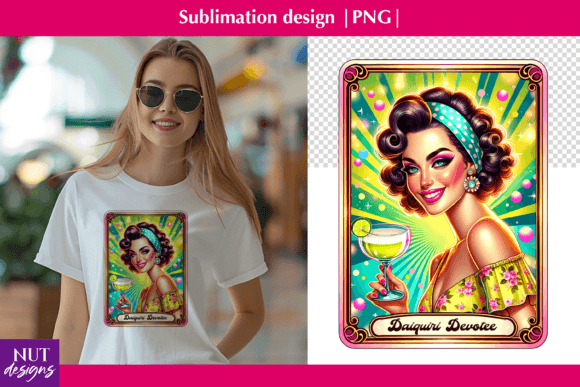 Tarot Card, Pin Up Girl with Cocktail Afbeelding AI Afbeeldingen Door natalia.kurtidi