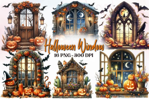 Watercolor Halloween Window Clipart Grafika Ilustracje do Druku Przez RevolutionCraft