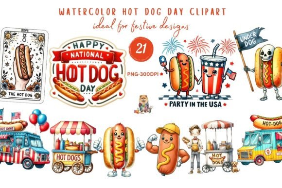 Watercolor Hot Dog Day Clipart Fun Food Grafica Creazioni Di Pom Prompt