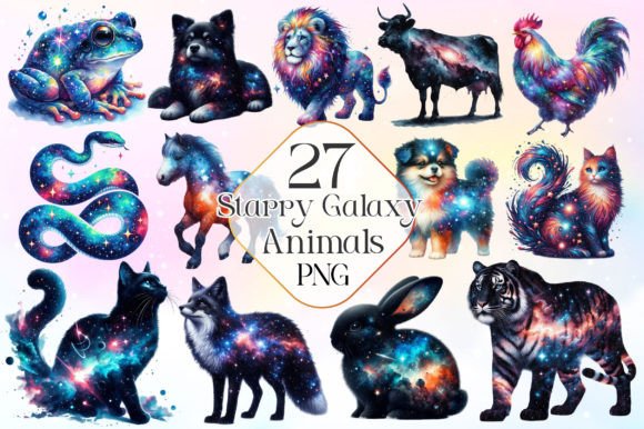 Watercolor Starry Galaxy Animals Clipart Gráfico Ilustrações para Impressão Por LiustoreCraft