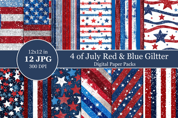 4th of July Glitter Digital Paper Graphic Patterns By Nam Tiwa