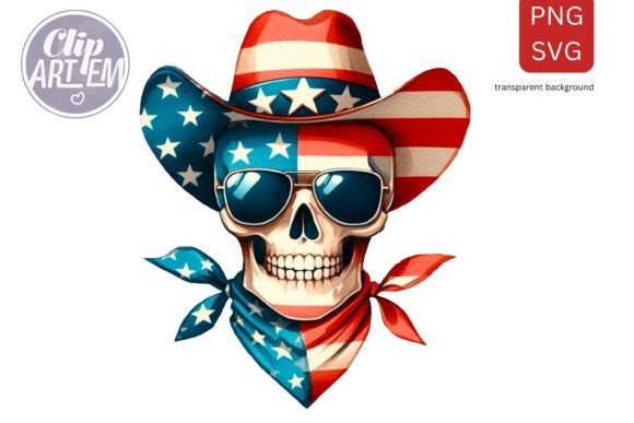 4th of July Skull in Cowboy Hat PNG SVG Graphic Illustrations By clipArtem