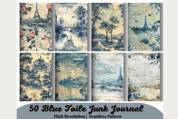 50 Blue Toile Junk Journal Gráfico Gráficos IA Por 99CentsCrafts