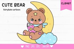 Cute Teddy Bear Read Book on Moon Kawaii Gráfico Ilustraciones Imprimibles Por vividdiy8 1