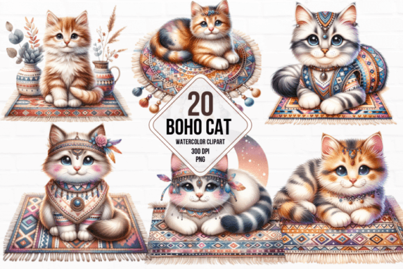 Cute Watercolor Boho Cat Clipart Graphic AI Graphics By MariShop99
