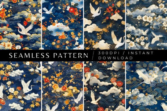 Japanese Cranes Seamless Patterns Graphic Patterns By Inknfolly