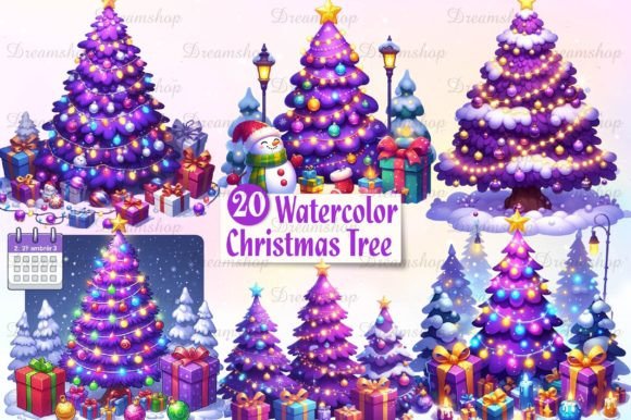 Purple Christmas Tree Watercolor Clipart Grafik Druckbare Illustrationen Von Dreamshop