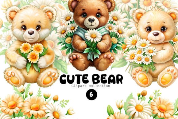 Teddy Bear and Daisies Clipart Illustration Illustrations Imprimables Par Design shop