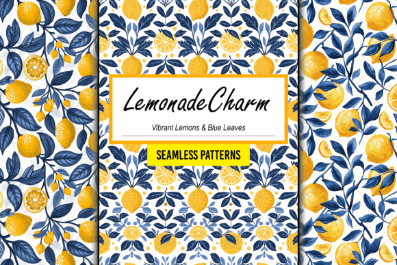 Vibrant Lemons & Blue Leaves Pattern Art Illustration Modèles de Papier Par Canvas Elegance