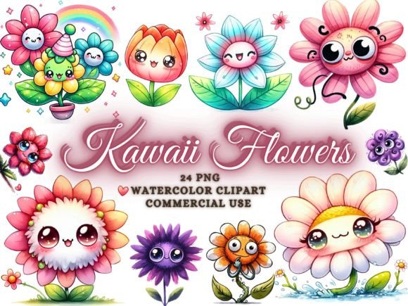 Watercolor Flower Clipart Kawaii Clipart Gráfico Ilustrações para Impressão Por Artistic Revolution