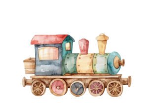 Watercolor Wood Baby Toy Train Clipart Graphic AI Transparent PNGs By Nayem Khan 3