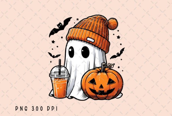 Cute Ghost Coffee Pumpkin Halloween PNG Grafika Ilustracje do Druku Przez Flora Co Studio