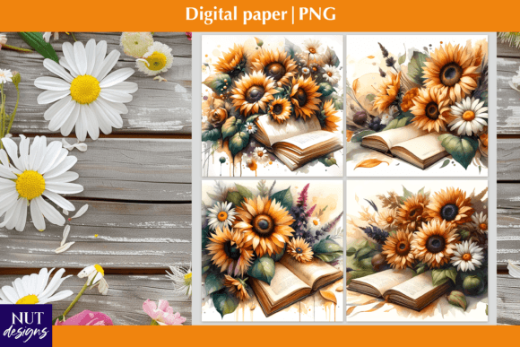 Digital Paper Sunflowers Book Scrapbook Graphic AI Illustrations By natalia.kurtidi