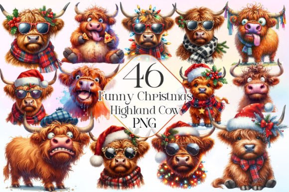 Funny Christmas Highland Cow Clipart Illustration Illustrations Imprimables Par LiustoreCraft