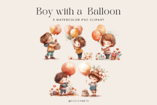 Happy Boy with a Balloon Cliparts Graphic Illustrations By Cecily Arts 2