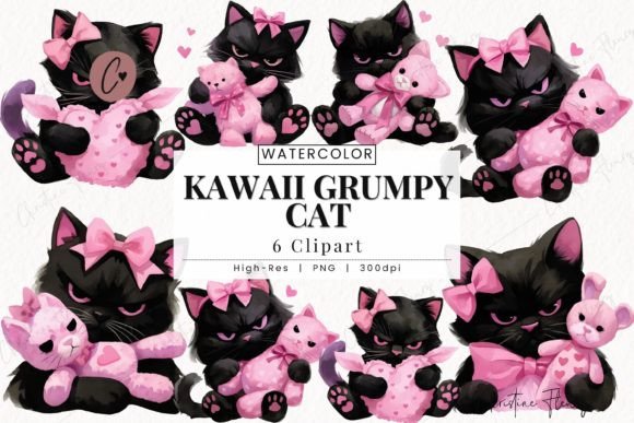 Kawaii Grumpy Cat Clipart, Cute Cat PNG Graphic Illustrations By Christine Fleury