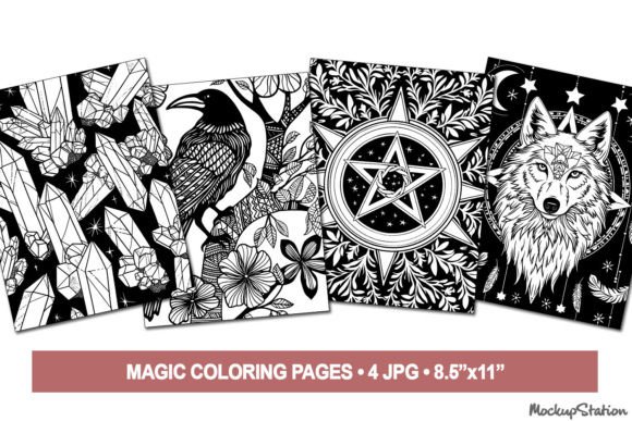 Magic Coloring Pages | Wiccan Witchy Gráfico Páginas para colorear IA Por Mockup Station