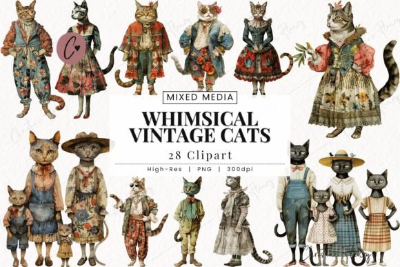 Mixed Media Whimsical Vintage Cats Graphic Illustrations By Christine Fleury