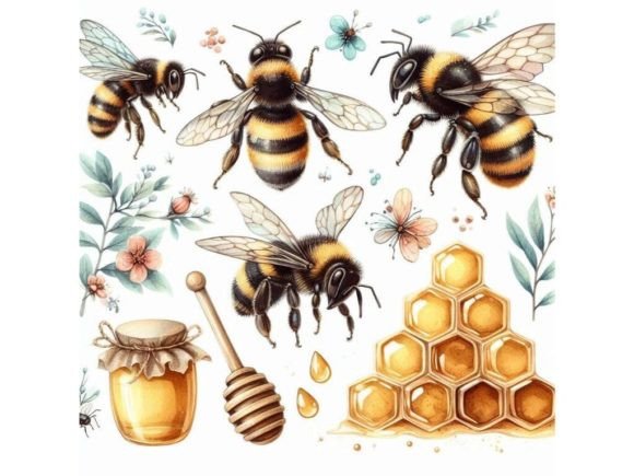 Watercolor Bee, Bumble Bee and Honeycomb Gráfico Ilustraciones IA Por A.I Illustration and Graphics
